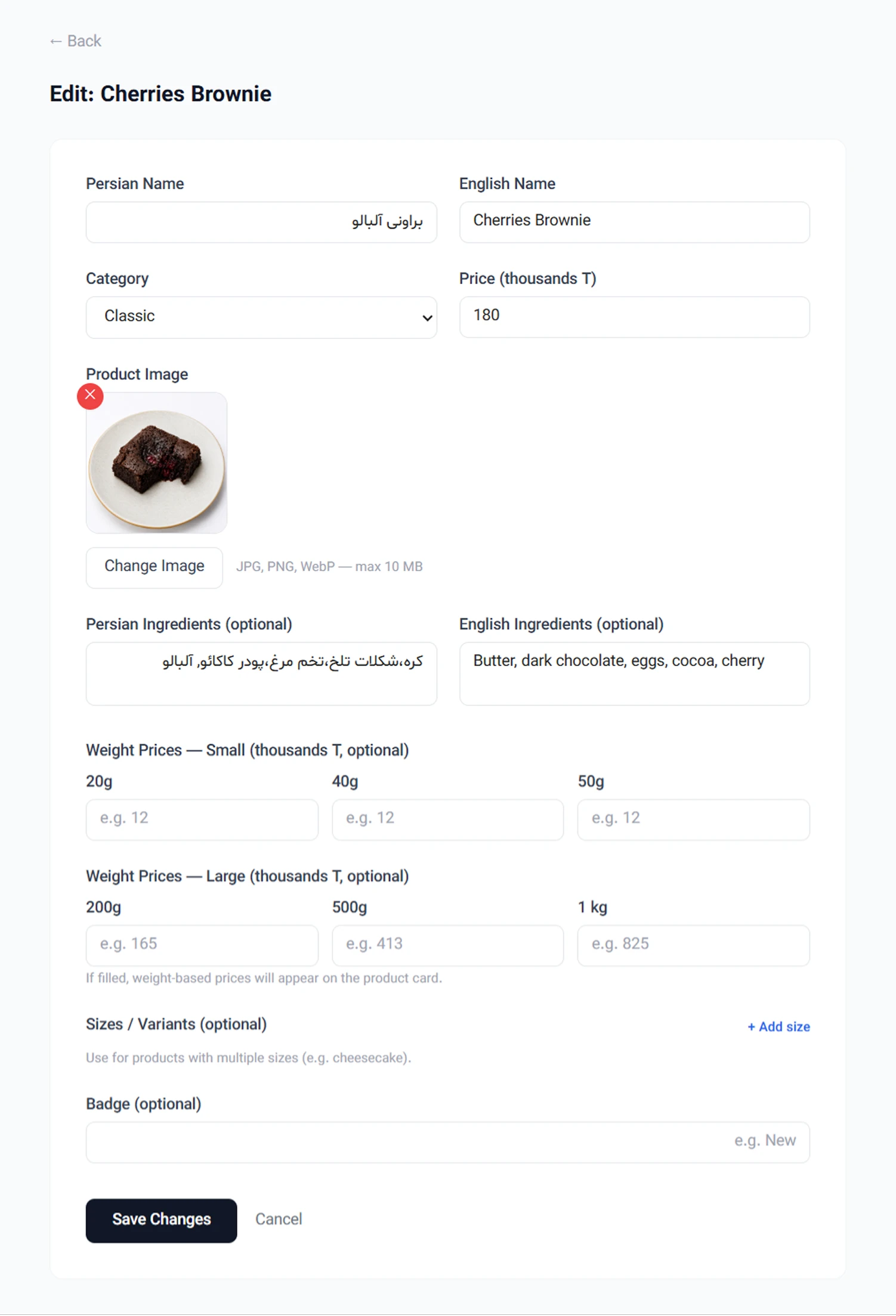 Admin panel product edit form with bilingual fields and pricing