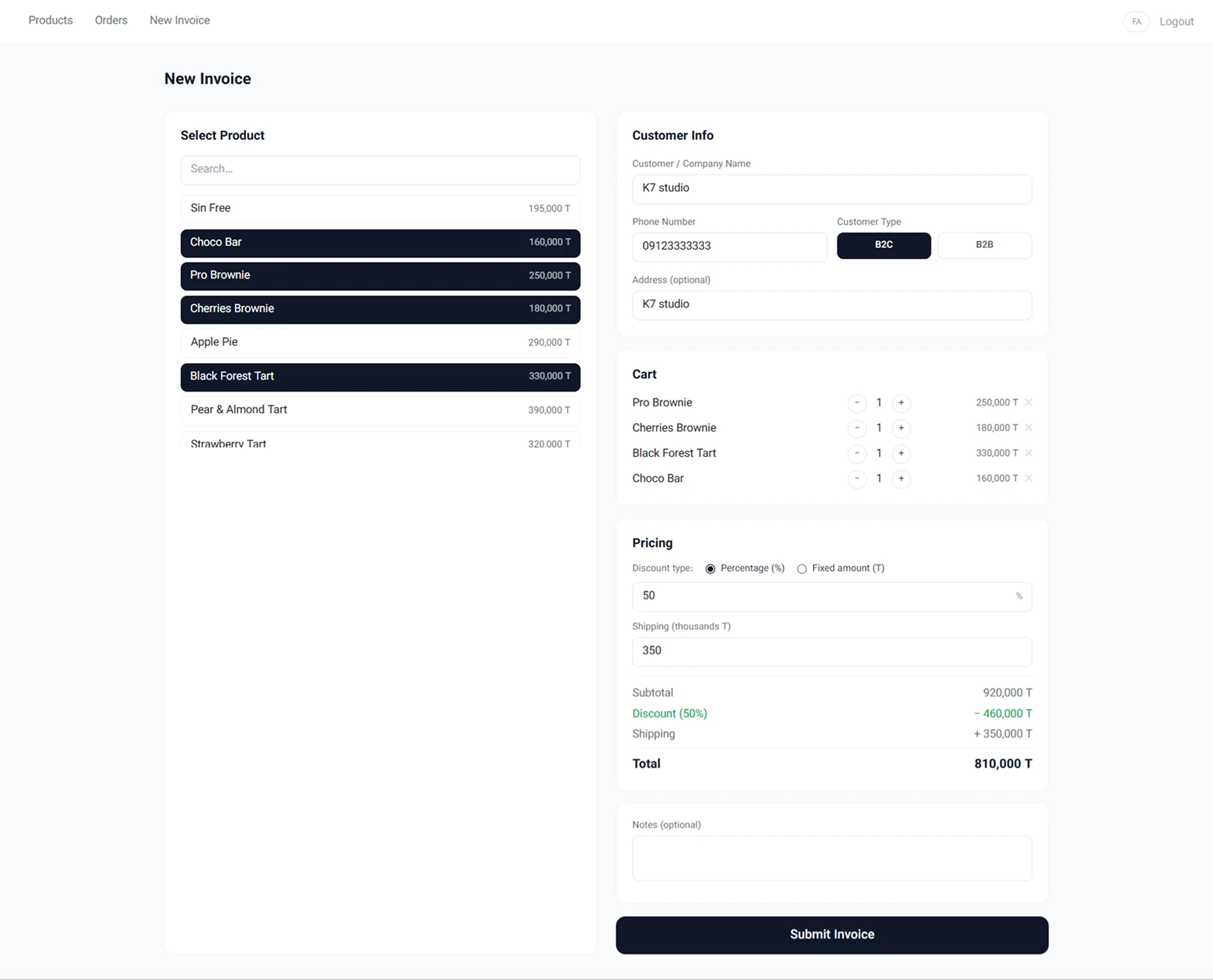 Invoice creation panel with product selection, customer info, and pricing