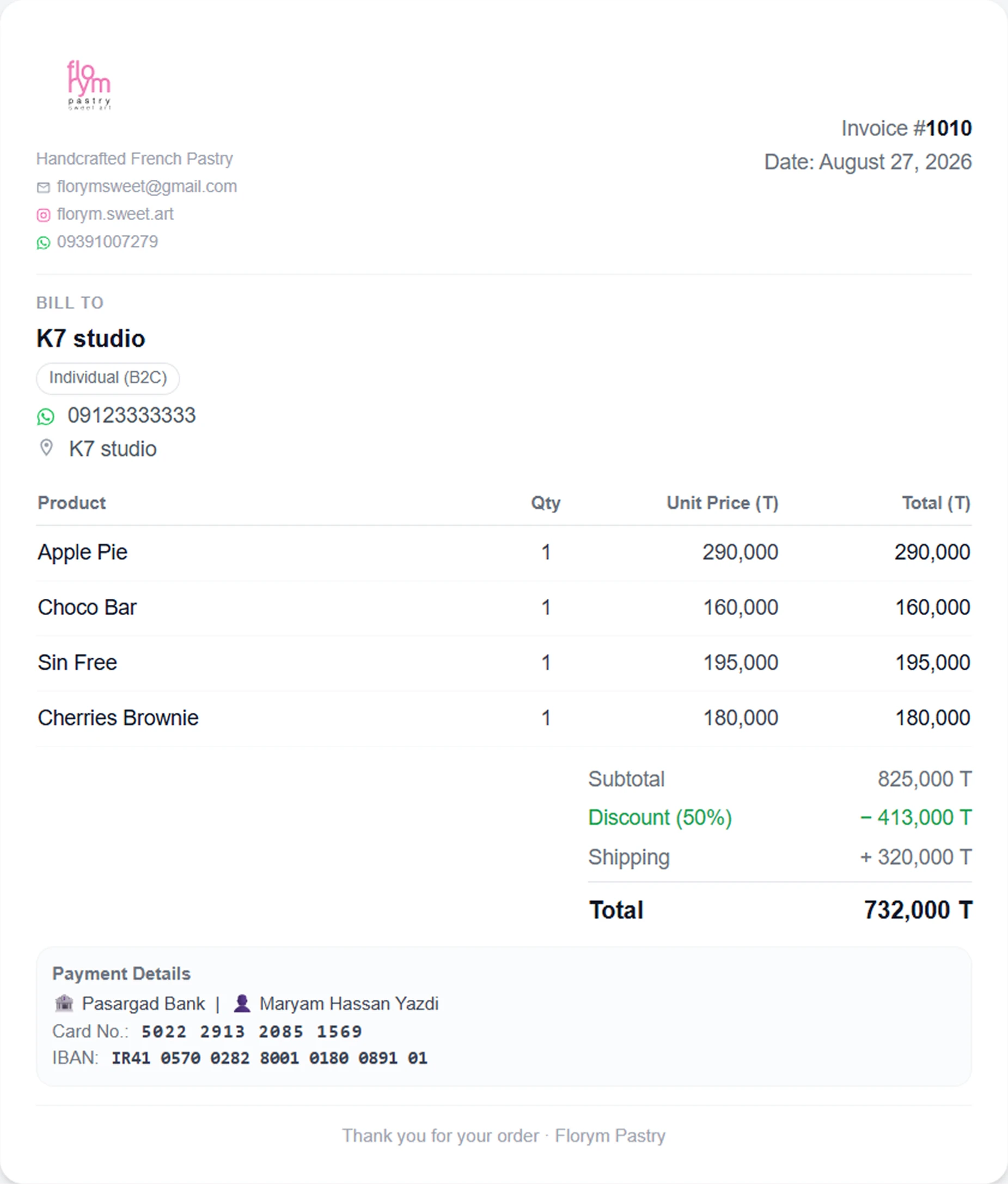 Final branded PDF invoice with itemized products, discount, and payment details